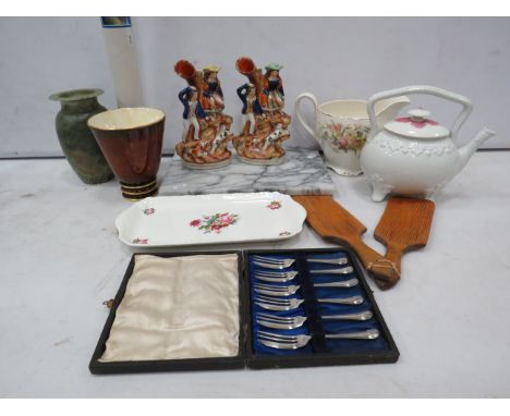 Mixed lot to include Carltonware, Staffordshire figures, Marble chopping board etc.