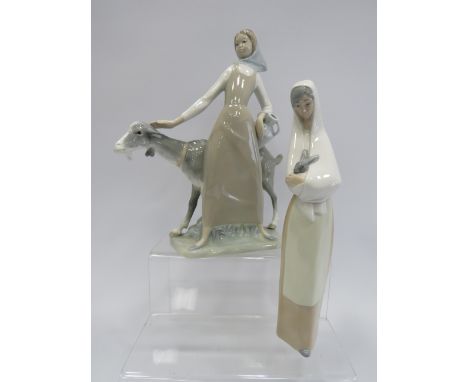 2 Lladro Nao Figurines, Girl with a rabbit &amp; Girl with goat (goat missing an ear see pics) approx 11" tall.