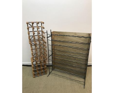 A vintage painted wrought iron 72 bottle wine rack, 81.5 cm wide x 20 cm deep x 100 cm high and three pine and metal framed m