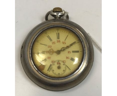 A .800 cased pocket watch, the enamelled dial with Arabic seconds numerals, Roman hour numerals and Arabic 24 hour numerals t