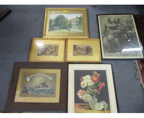 A pair of early 20th century unsigned watercolours depicting cottages, mounted in gilt frames, together with an 1891 watercol