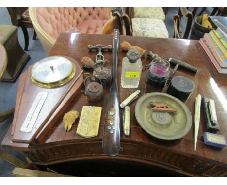 A mixed lot to include a late Georgian/ Victorian ivory aide memoir with floral pin head decoration, corkscrews, a barometer 