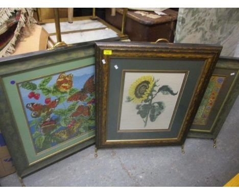 Three modern tapestry framed firescreens, largest, 35" h x 27" w 