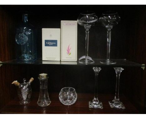 Glassware to include two Louise Kennedy glasses, a pair of Tiffany candlesticks, Caithness, Dartington,  a vase with a silver