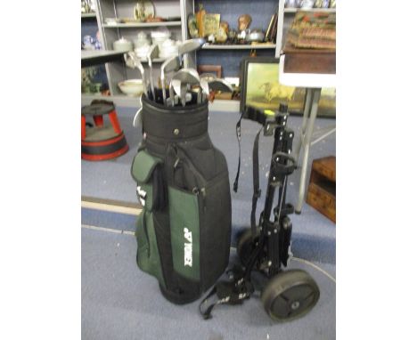 Golfing items to include Ping golf clubs, a bag and caddy 