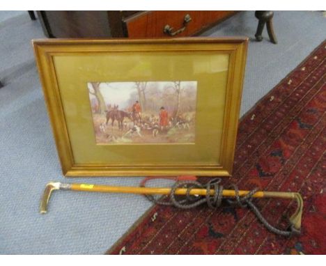 A late 19th/20th century whip and a hunting scene print 