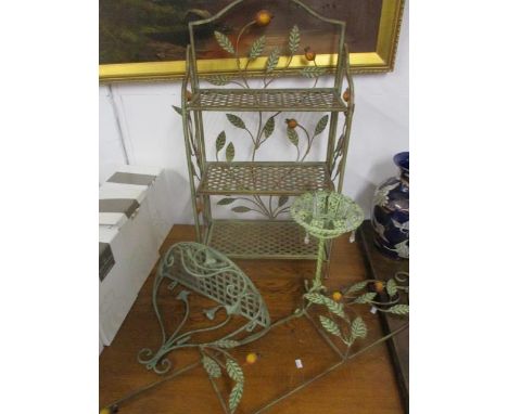 Copper finished metal items to include a folding three tier shelf, a three tier bracket, a wall shelf and a matching pedestal
