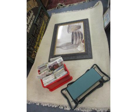 A mixed lot to include a cream rug, a blue canvas clad trunk, a print, a quantity of retro Vogue and other sewing patterns, a