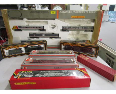 A Hornby 00 gauge Advanced Passenger Train set, boxed, incomplete, a boxed Hornby LMS 4-6-2 Duchess of Sutherland loco and te