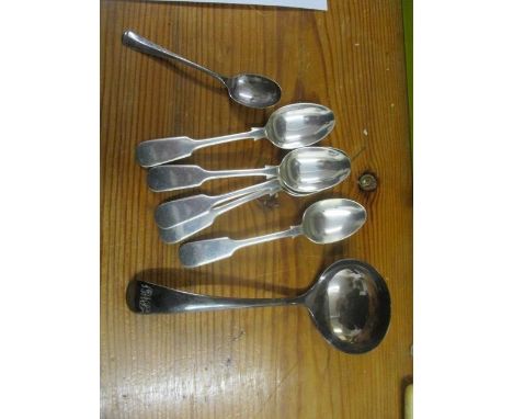 Five silver fiddle pattern teaspoons and a silver sauce ladle and a silver teaspoon 