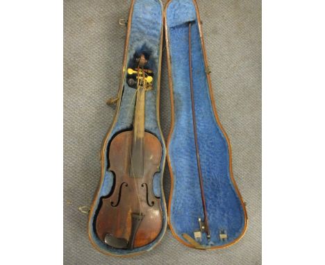 A 18th/19th century violin with ivory and ebonized pegs, a two-piece back and bow with two wooden cases 