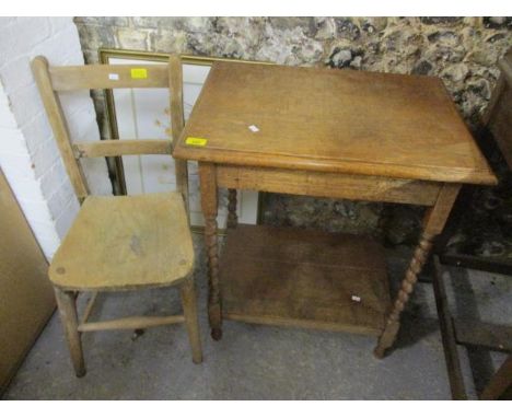 An early 20th century oak occasional table having a hinged lid and barley twist supports, together with a child's chair and a