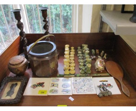 A pair of oak barley twist candlesticks, onyx chess pieces, 4 retro wall tiles, a crown derby trinket box and other items 