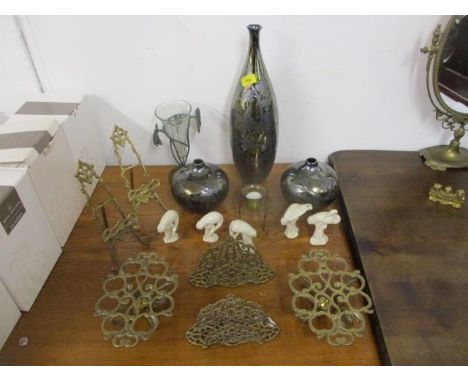 Decorative interior pieces to include a brass ware easels, napkin holders and a pair of plate warmers and three ceramic vases