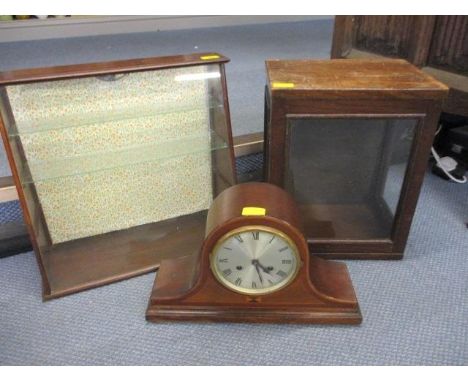 A mahogany display case, a Victorian mahogany taxidermy / clock display case and a mid 20th century mantle clock 