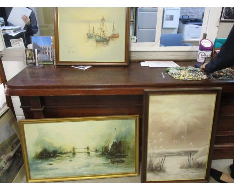 Pictures to include David Cartwright - a view down The Thames of Tower Bridge, oil on canvas, Dunlop - a beach scene and anot