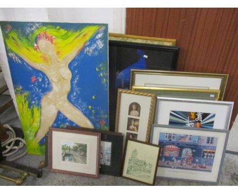 Mixed pictures to include an oil on canvas depicting a nude female entitled A Summer Dance, a signed Brit Awards poster and o