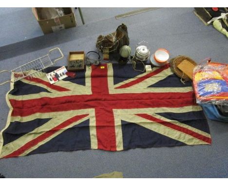 A mixed lot to include a hand stitched Union Jack flag, The OK Wireless set with headphones, an Art Deco Bakelite table lamp 