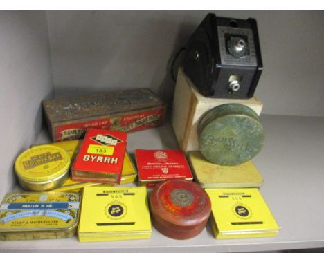 A vintage lumimeter and a quantity of vintage tins to include a motor car tyre patch tin 