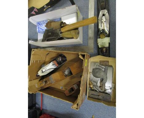A quantity of woodworking and other tools to include a Stanley No.6 plane, choppers, screws and other items 