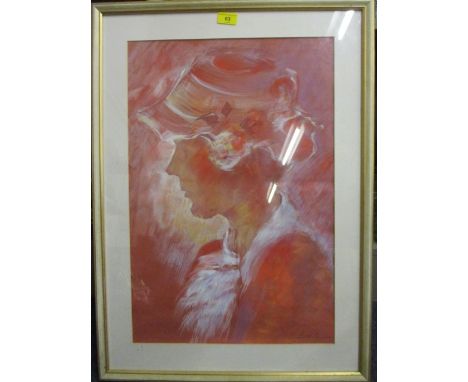 Rita Jones - a head and shoulder portrait of a woman wearing a hat, watercolour, signed, framed and glazed 