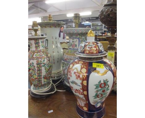 Three Oriental ceramic table lamps, together with a Japanese jar 14"h 