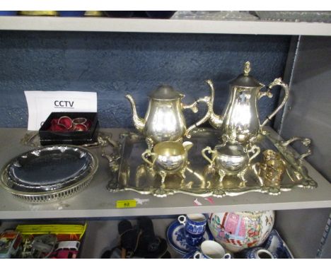 A mixed lot of silver plate to include a four-piece tea/ coffee service, trays and other items 