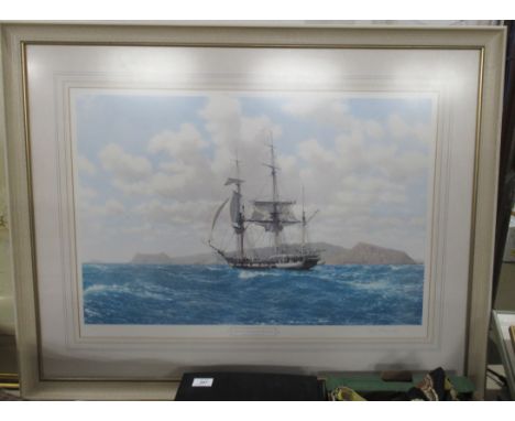 John Chancellor , colour print, H.M.S Beagle in the Galapagos