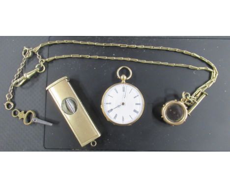 An 18k gold and enamel ladies fob watch, set with a diamond, total weight 25.1g, together with a watch chain, compass fob and