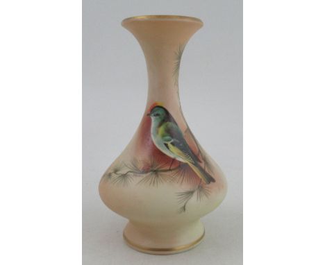 A Locke and Co Worcester blush ivory vase, decorated with a bird in spruce by Lewis, height 5.5insCondition Report:  Good con