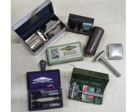 A collection of six vintage safety razors, plus accessories, most boxed, to include a Wilkinson Sword Seven day razor set, th