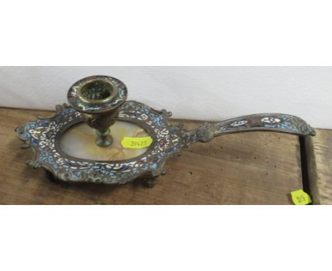 A champleve enamel and metal chamberstick, length 9.5ins