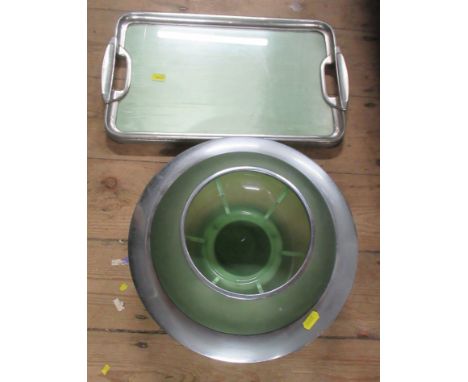 Joseph Lucas, a chrome and green glass bowl, with list out green liner together with a tray