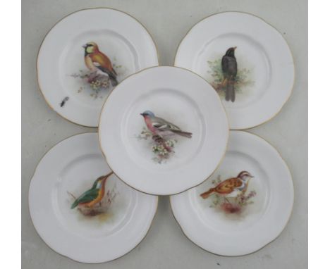 Five Royal Worcester dishes, all decorated with birds, titled to the back, two af, diameter 5ins