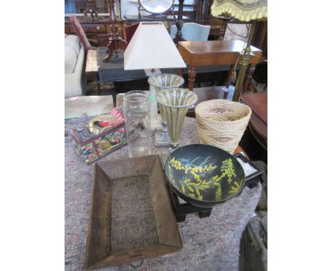 A wooden table lamp, and two parcel gilt glass trumpet vases, a carved wooden box, sieve and sundry items&nbsp;