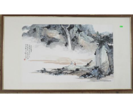 An Oriental colour print, figures in landscape, with script, 19ins x 29.5ins