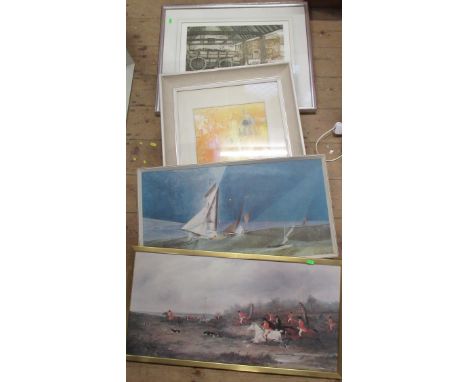 Michael Chaplin, limited edition print, A Cotswold Barn, 15ins x 20ins, together with Joan Hewett, watercolour, Spanish Town 