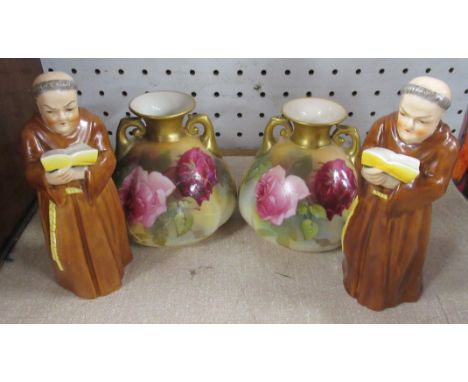 A pair of Royal Worcester vases, decorated with roses, af, together with two Royal Worcester monk candle snuffers