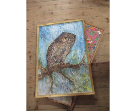 Valerie Doksansky, coloured crayon, owl in a tree, 31ins x 21ins, together with two other prints