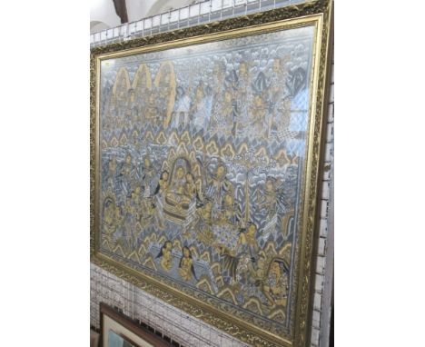 An Eastern print of material, various figures, 33.5ins x 41ins
