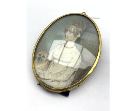 Miniature oval portrait of a seated young Victorian lady with a dog 9.5cm x 7cm Condition Report & Further Details Click here