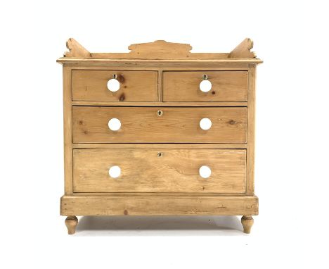 Victorian pine chest of two short and two long drawers, with three quarter galleried top, original ceramic pull handles, rais