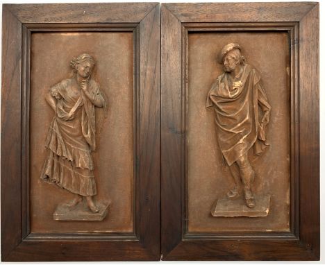  Antonio de las Penas y Leon (Spanish 1815-1886) Pair of terracotta plaques of a male figure wearing a cloak and a female fig