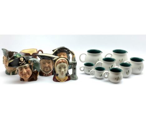 Six Royal Doulton large character jugs, eight Denby 'Greenwheat' pattern jugs and four Royal Worcester bowls/dishes Condition