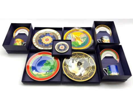 Royal Worcester 'Castles in the Air' Art Deco design coffee can and saucer, matching plate, 'Morning River' coffee can and sa