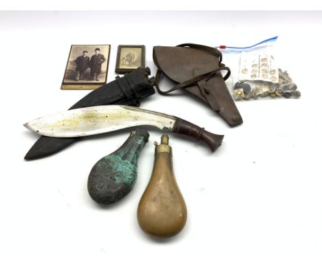 Kukhri and two skinning knives in scabbard, powder flask, leather holster, military buttons etc Condition Report & Further De