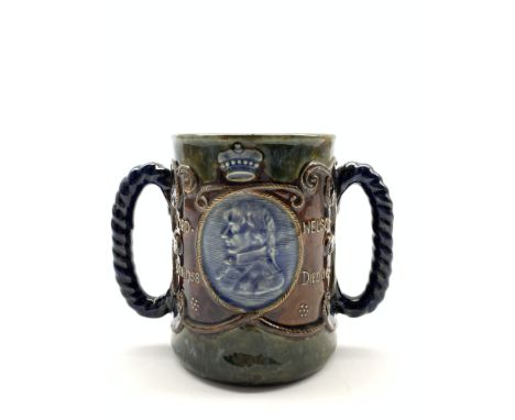 Royal Doulton 'Lord Nelson' loving cup with rope work handles decorated with a portrait bust of Nelson with script to the rev