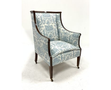 Edwardian mahogany Sheraton style armchair with ebony and boxwood stringing, raised on square tapered supports and brass and 