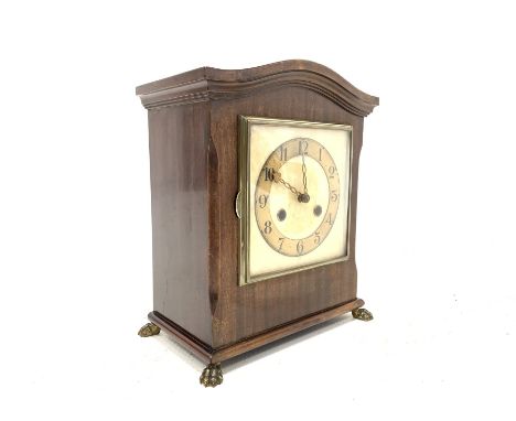 Early 20th century mahogany cased mantel clock, with eight day striking movement, mother of pearl dial with brass and black p