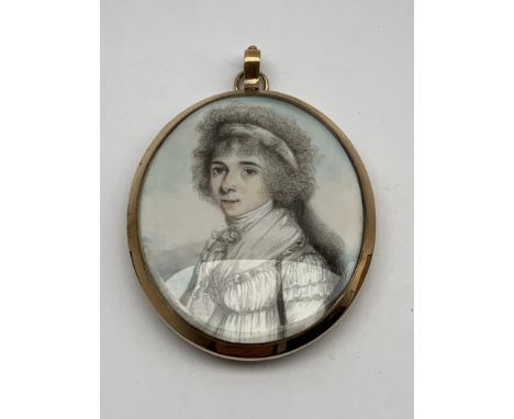 Thomas Peat (fl. 1791-1831) miniature oval portrait of a lady in a white dress, fichu and knotted chemisette, her powdered ha